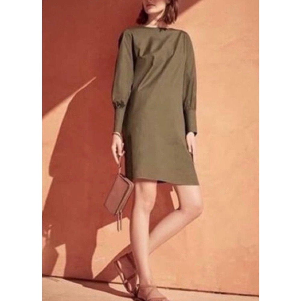 Cuyana Stretch Shift Mini Dress S Olive Green Poplin Cotton City Career NEW $198